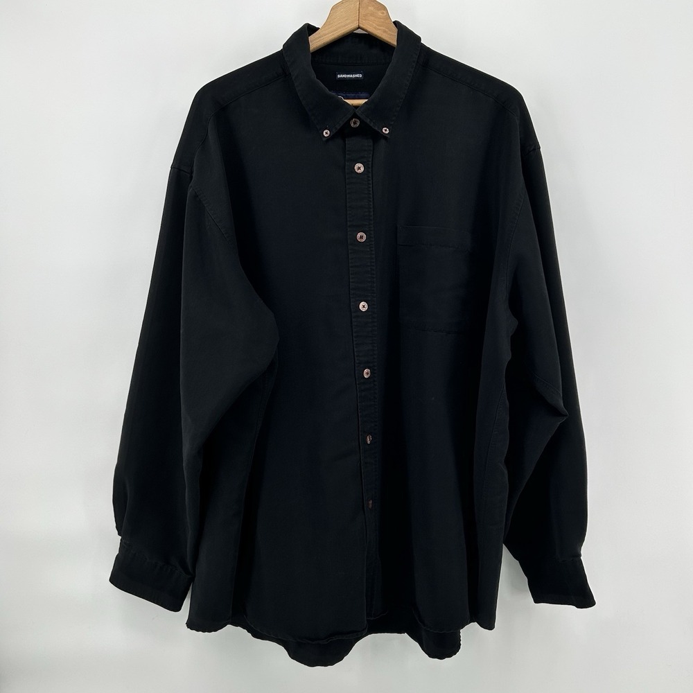 Harbor Bay Shirt Mens 3X Black Sandwashed Button Down Viscose Blend Casual‎ VTG